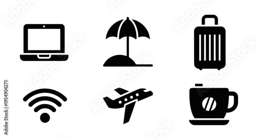Travel and Vacation Icons: Laptop, Beach Umbrella, Suitcase, Wi-Fi, Airplane, Coffee
