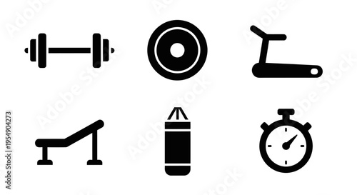Fitness Equipment Icons: Dumbbell, Weight Plate, Treadmill, Bench, Punching Bag, Stopwatch