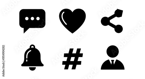 Social Media Icons: Chat, Like, Share, Notification, Hashtag, User - Vector Icons