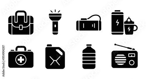 Emergency Survival Kit Icons: Bag, First Aid, Flashlight, Radio, Fuel, Water