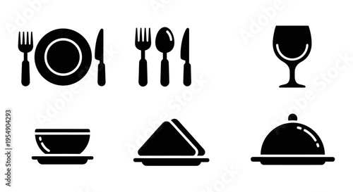 Restaurant Food Service Icons: Plate, Cutlery, Glass, Bowl, Sandwich, Cloche