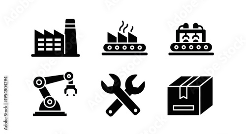 Industrial Icons Set: Factory, Conveyor, Robot Arm, Tools, Package