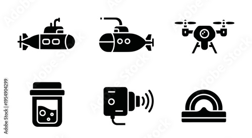 Set of vector icons: submarine, drone, camera, test tube, and compass