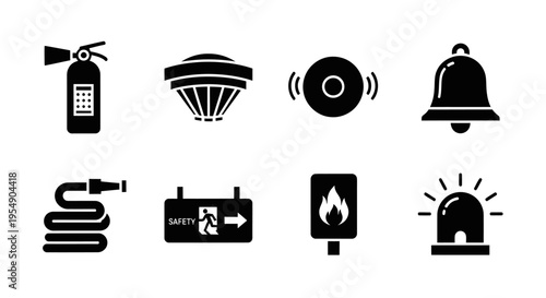 Fire Safety Icons: Extinguisher, Hose, Alarm, Bell, Exit Sign, Siren