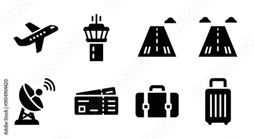Airport Icons Set: Airplane, Control Tower, Runway, Luggage, Ticket, Radar
