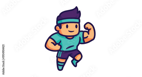 Cartoon athlete flexing bicep running forward vector illustration