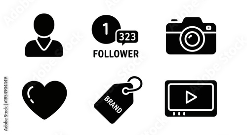 Social Media Icons: Profile, Followers, Camera, Heart, Brand Tag, Video Player