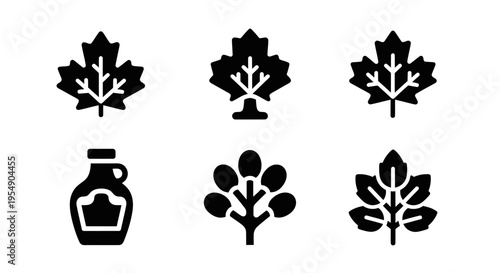 Maple Leaf Icons: Syrup Bottle, Tree, and Autumn Foliage Collection