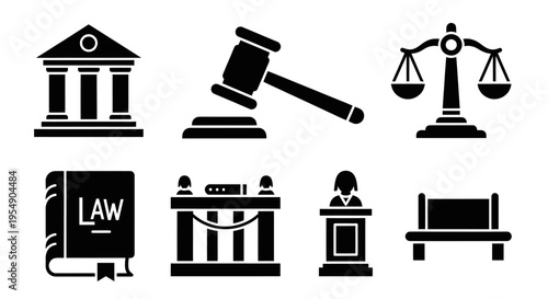 Law and Justice Icons: Court, Gavel, Scales, Law Book, Judge, Bench