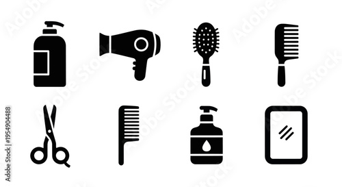 Hair Salon Icons: Hair Dryer, Scissors, Combs, Shampoo, Mirror, Brush