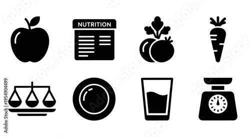 Healthy Eating Icons: Apple, Nutrition Chart, Vegetables, Carrot, Scale, Plate, Glass, Kitchen Scale