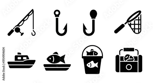 Fishing Icons Set: Rod, Hook, Net, Boat, Fish, Bucket, Tackle Box
