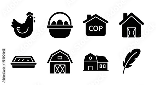 Farm Icons: Chicken, Eggs, Barn, Pie, Feather, House