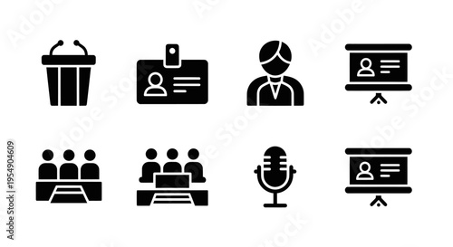 Presentation Icons: Podium, Badge, Speaker, Audience, Microphone, Screen