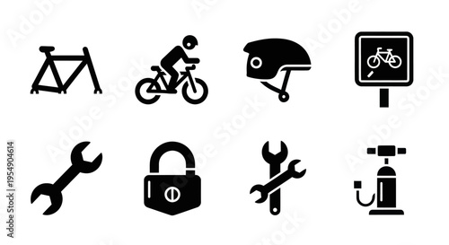 Bicycle Icons Set: Frame, Rider, Helmet, Sign, Tools, Lock, Pump