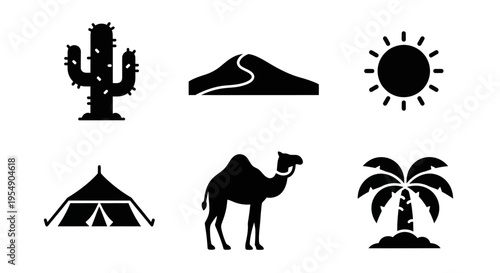 Desert Icons: Camel, Cactus, Dune, Tent, Palm Tree, Sun - Vector Graphics