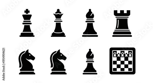 Chess Pieces Icon Set - King, Queen, Bishop, Rook, Knight, Board