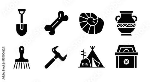 Archaeology Icons: Digging, Fossils, Tools, Artifacts, Tent, Bone, Vase, Shovel, Brush