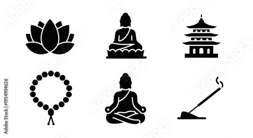 Buddhism Icons Set: Lotus, Buddha Statues, Pagoda, Prayer Beads, Incense