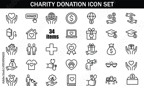 Charity donation icon set with helping hands, fundraising symbols, nonprofit support, medical aid, community care, line vector illustration collection