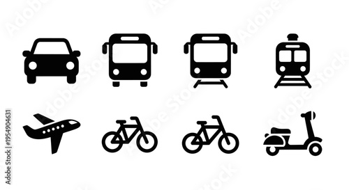Set of Transportation Icons: Car, Bus, Tram, Train, Airplane, Bicycle, Scooter