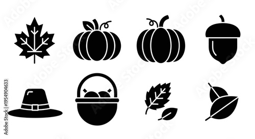 Autumn Harvest Icons: Pumpkin, Acorn, Maple Leaf, Pilgrim Hat, Basket