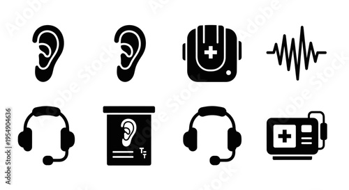 Hearing Aid Icons: Ear, Audiogram, Headphones, Medical Device