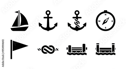 Nautical Icons Set: Sailboat, Anchors, Compass, Flag, Knot, Dock, and Buoy