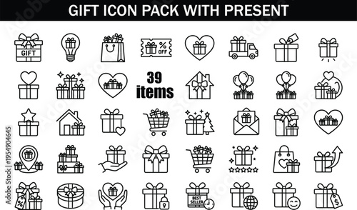 CHRISTMAS Gift icon pack with present, shopping, sale, discount symbols, ecommerce elements, celebration design, minimal outline vector illustration collection set