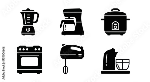 Kitchen appliance icons: blender, coffee maker, cooker, oven, mixer, stand mixer