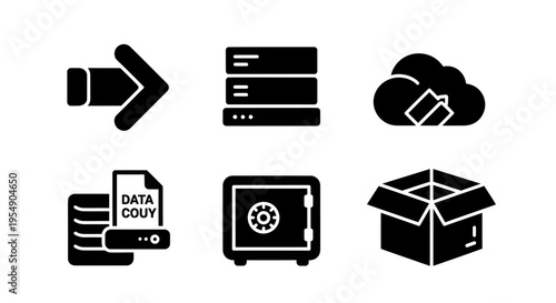 Digital Data Storage Icons: Cloud, Server, Safe, Box, File, Arrow