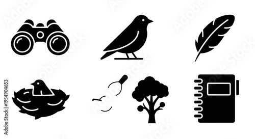 Bird Watching Icons: Binoculars, Bird, Feather, Nest, Tree, Notebook