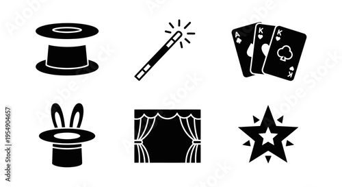Magic Show Icons: Wand, Hat, Cards, Stage, Star, Spool