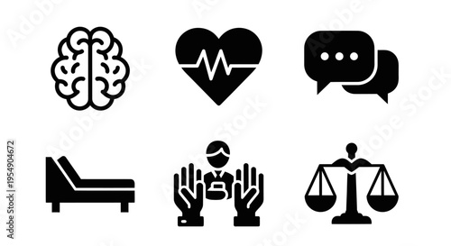 Mental Health Icons: Brain, Heartbeat, Chat, Couch, Therapy, Justice