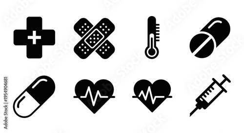 Medical Icons Set: Cross, Bandage, Thermometer, Pills, Heartbeat, Syringe
