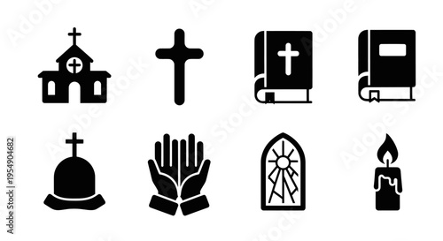 Christianity Icons: Church, Cross, Bible, Praying Hands, Candle, Stained Glass