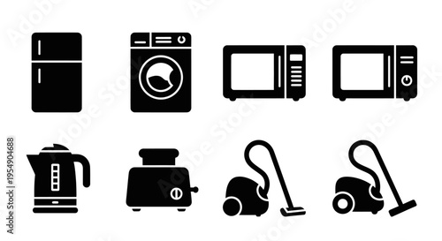 Set of black icons for kitchen appliances and cleaning equipment