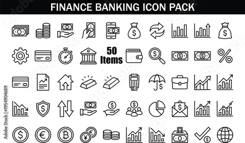 Finance banking icon pack with money, payment, investment, business symbols, fintech elements, minimal outline vector illustration collection set design