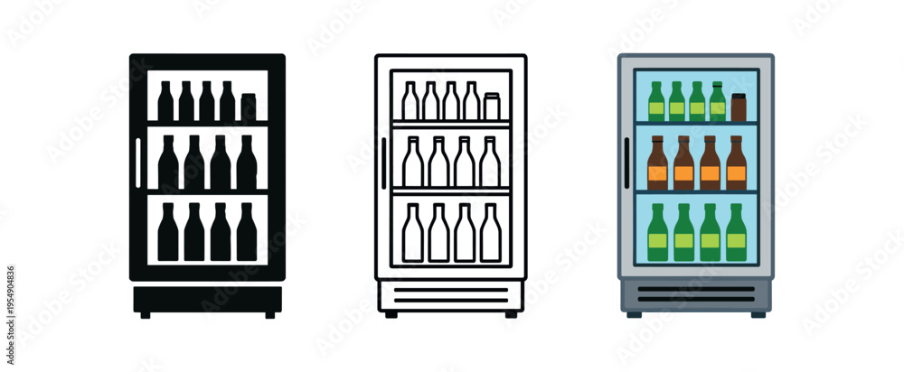 Fototapeta premium Three fridge icons shown side by side filled with rows of bottles visible through a glass door in black, outline, and colored styles.