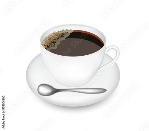 3D coffee cup with coffee, saucer and coffee spoon are separated on white background. Realistic design elements. Vector illustration EPS 10.