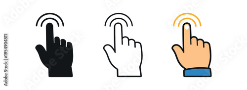 Three hand icons with an index finger tapping, shown in black silhouette, line outline and colored versions.