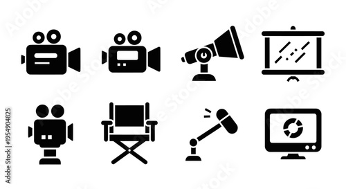 Film Production Icons: Camera, Megaphone, Director's Chair, Screen, Microphone, Monitor