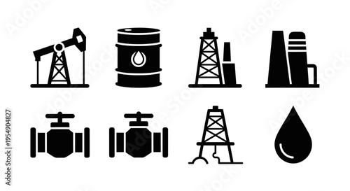 Oil Industry Icons: Pumpjack, Barrel, Rig, Refinery, Valves, Drop