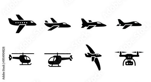 Collection of Aviation Icons: Airplanes, Helicopters, Drones, and Gliders
