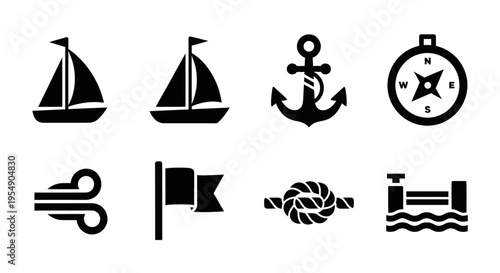 Nautical Icons Set: Sailboat, Anchor, Compass, Wind, Flag, Knot, Dock