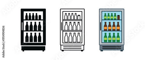 Three fridge icons shown side by side filled with rows of bottles visible through a glass door in black, outline, and colored styles.