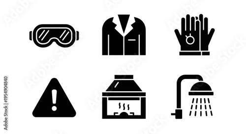 Safety Equipment Icons: Goggles, Lab Coat, Gloves, Warning, Hood, Shower