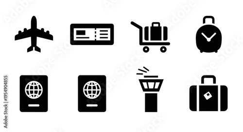Airport Icons Set: Airplane, Ticket, Luggage, Passport, Control Tower, Suitcase