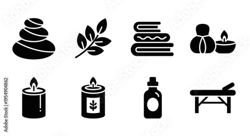 Spa and Wellness Icons: Stones, Candle, Massage Table, Books, Oil, Herbal Branch