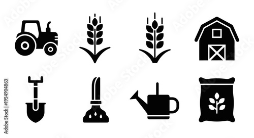 Farm Icons: Tractor, Barn, Wheat, Shovel, Watering Can, Seed Bag, Cultivator